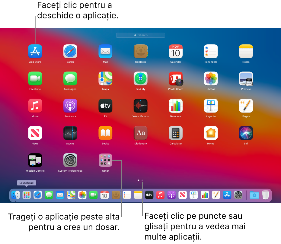 Launchpad afișând aplicațiile pe care le puteți deschide.
