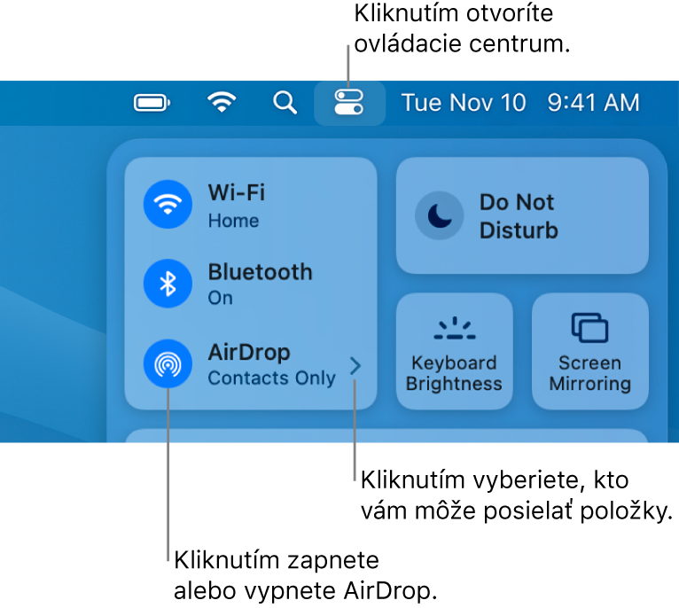 Okno Ovládacieho centra zobrazujúce ovládacie prvky na zapnutie a vypnutie funkcie AirDrop a výber toho, kto vám môže posielať položky.