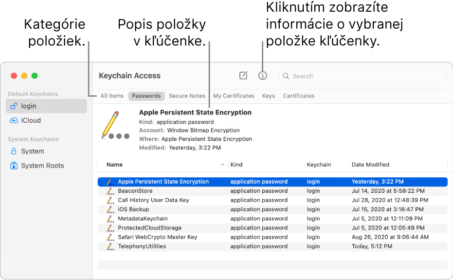 Okno apky Kľúčenka zobrazujúce kľúčenky v postrannom paneli. Na pravej strane sa zobrazuje popis vybraného hesla prihlasovacej kľúčenky.