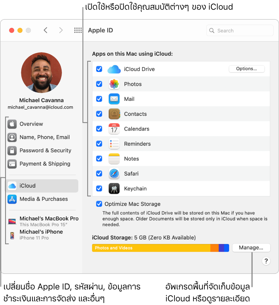 การตั้งค่า iCloud ที่เลือกคุณสมบัติทุกข้อ