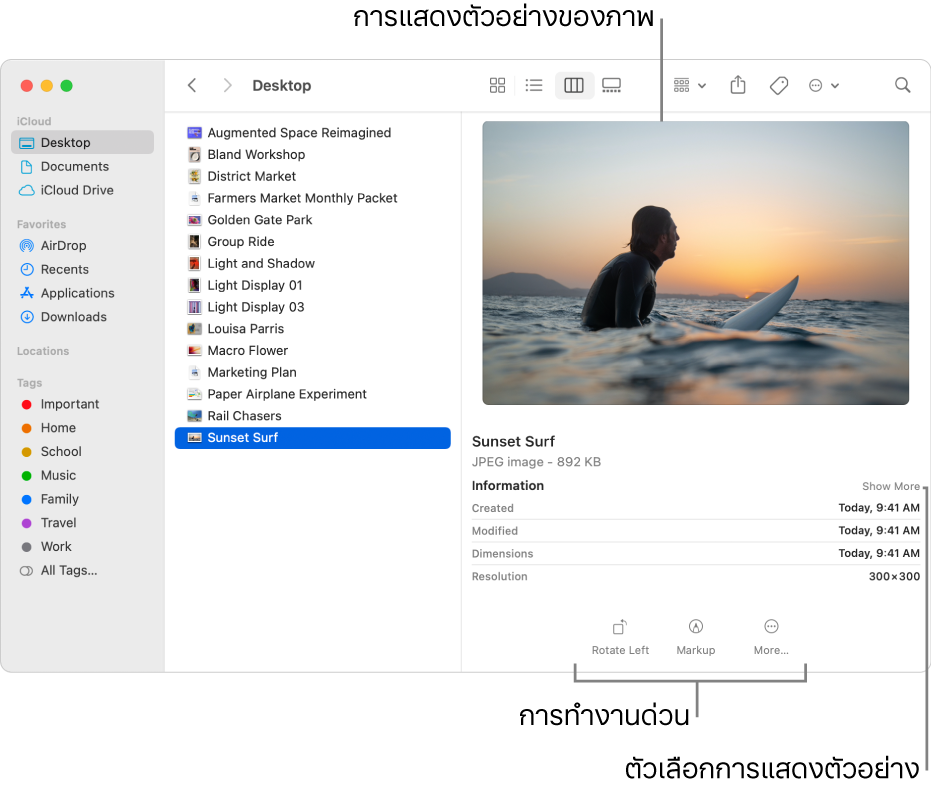 หน้าต่าง Finder ที่แสดงแถบด้านข้าง Finder ทางซ้ายและไฟล์ภาพที่เลือกตรงกลางของหน้าต่าง ทางด้านขวา บานหน้าต่างการแสดงตัวอย่างแสดงตัวอย่างภาพที่มีรายละเอียดภาพด้านล่างและปุ่มการทำงานด่วนอยู่ด้านล่างสุด