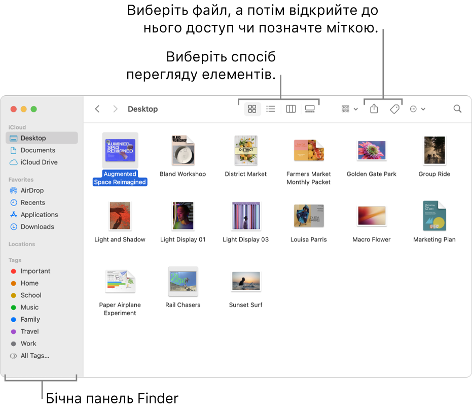 Вікно Finder з бічною панеллю Finder ліворуч. Вгорі вікна розміщені чотири кнопки, за допомогою яких можна змінювати вигляд елементів у вікні, а також додаткові кнопки для впорядкування й оприлюднення елементів.