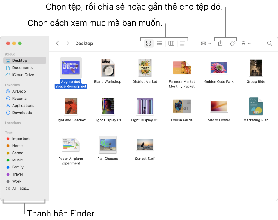 Cửa sổ Finder với thanh bên Finder ở bên trái. Ở đầu cửa sổ là bốn nút thay đổi cách các mục được hiển thị trong cửa sổ và các nút bổ sung để sắp xếp và chia sẻ các mục.