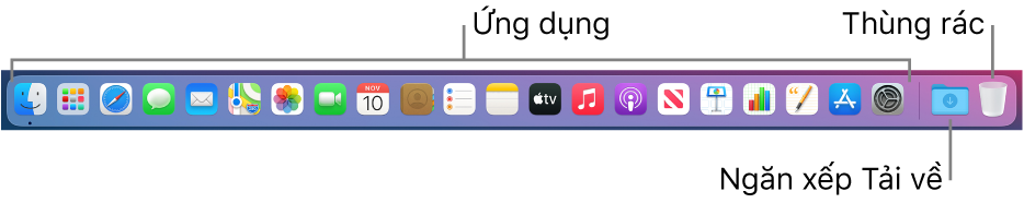 Dock đang hiển thị các biểu tượng cho các ứng dụng, ngăn xếp Tải về và Thùng rác.