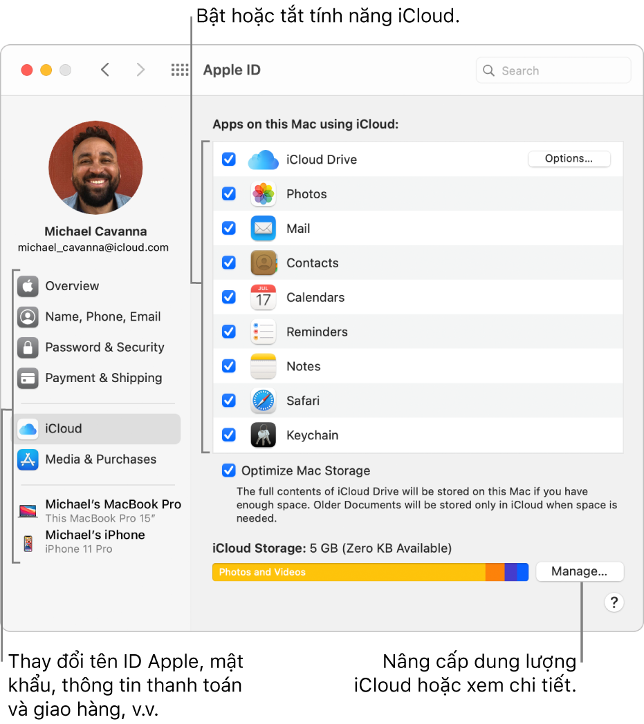 Các tùy chọn iCloud với tất cả các tính năng được chọn.
