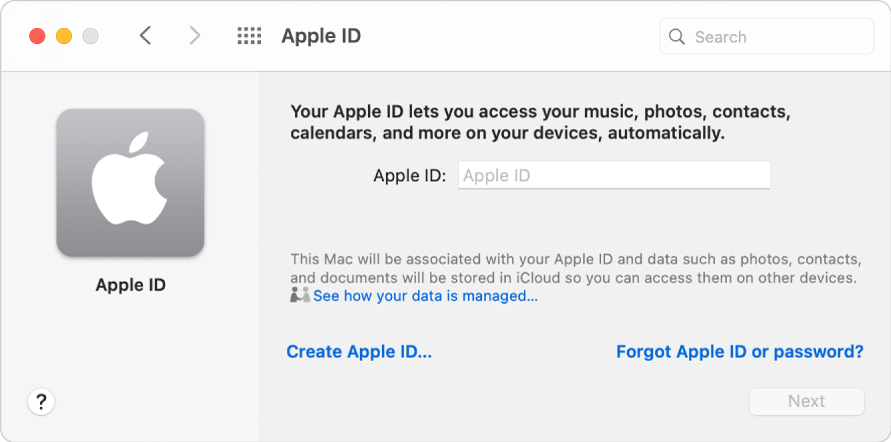 Hộp thoại đăng nhập ID Apple sẵn sàng cho việc nhập tên và mật khẩu ID Apple.