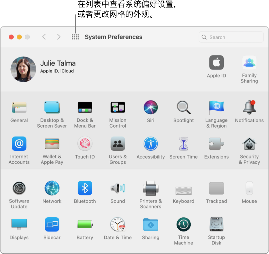 显示图标网格的“系统偏好设置”窗口。点按窗口工具栏中的“全部显示”按钮来以列表查看系统偏好设置或更改网格外观。