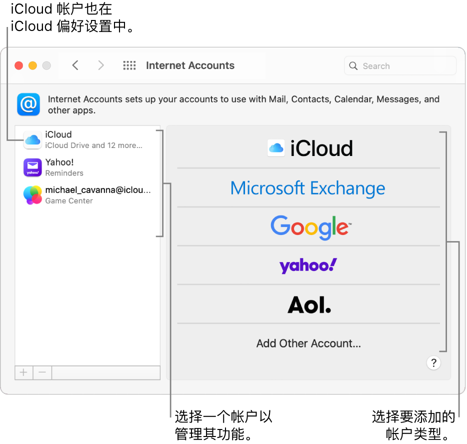 “互联网帐户”偏好设置,其中帐户列在右侧,而可用帐户类型列在左侧。