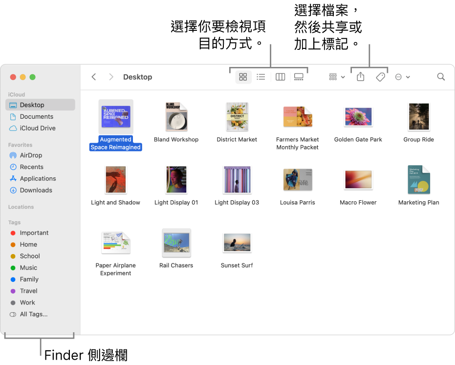 Finder 視窗,左側顯示 Finder 側邊欄。在視窗的最上方有四個可更改項目在視窗中顯示方式的按鈕,以及其他用於整理和分享項目的按鈕。