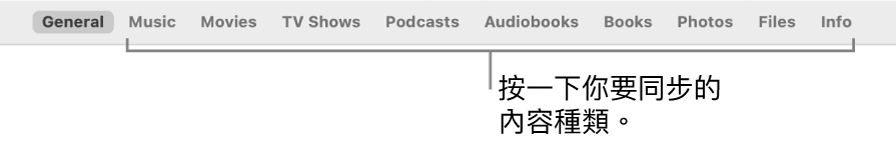 按鈕列顯示「一般」按鈕和有關音樂、影片、電視節目等內容的按鈕。