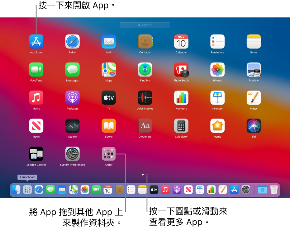 顯示你可開啟的「啟動台」。
