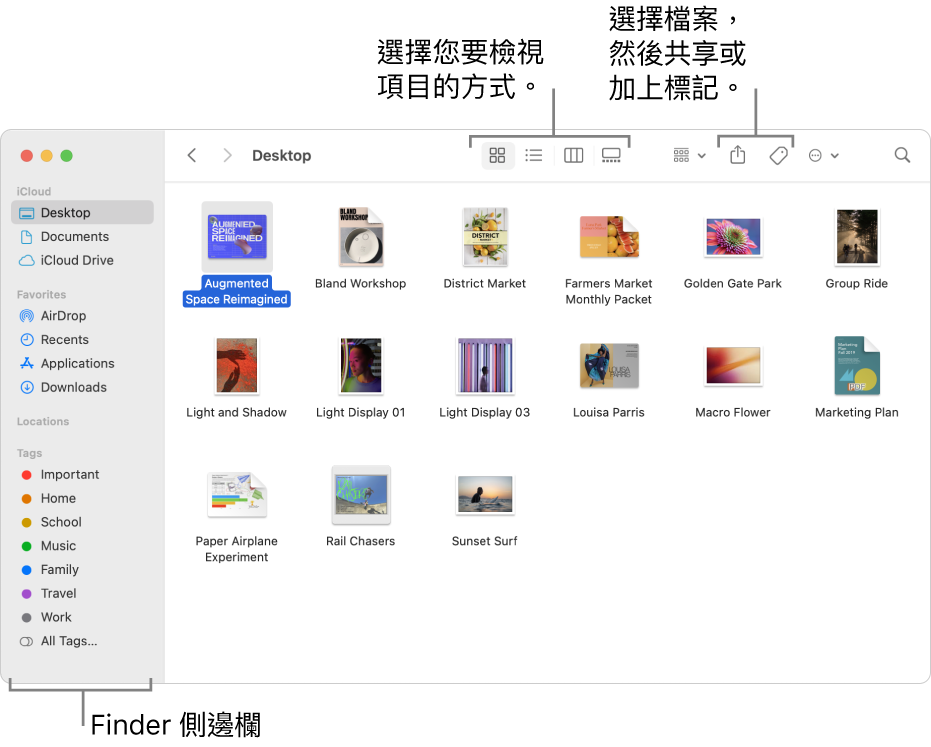 Finder 視窗,左側顯示 Finder 側邊欄。視窗最上方的四個按鈕用於更改項目在視窗中顯示的方式,其他按則用於整理和共享項目。