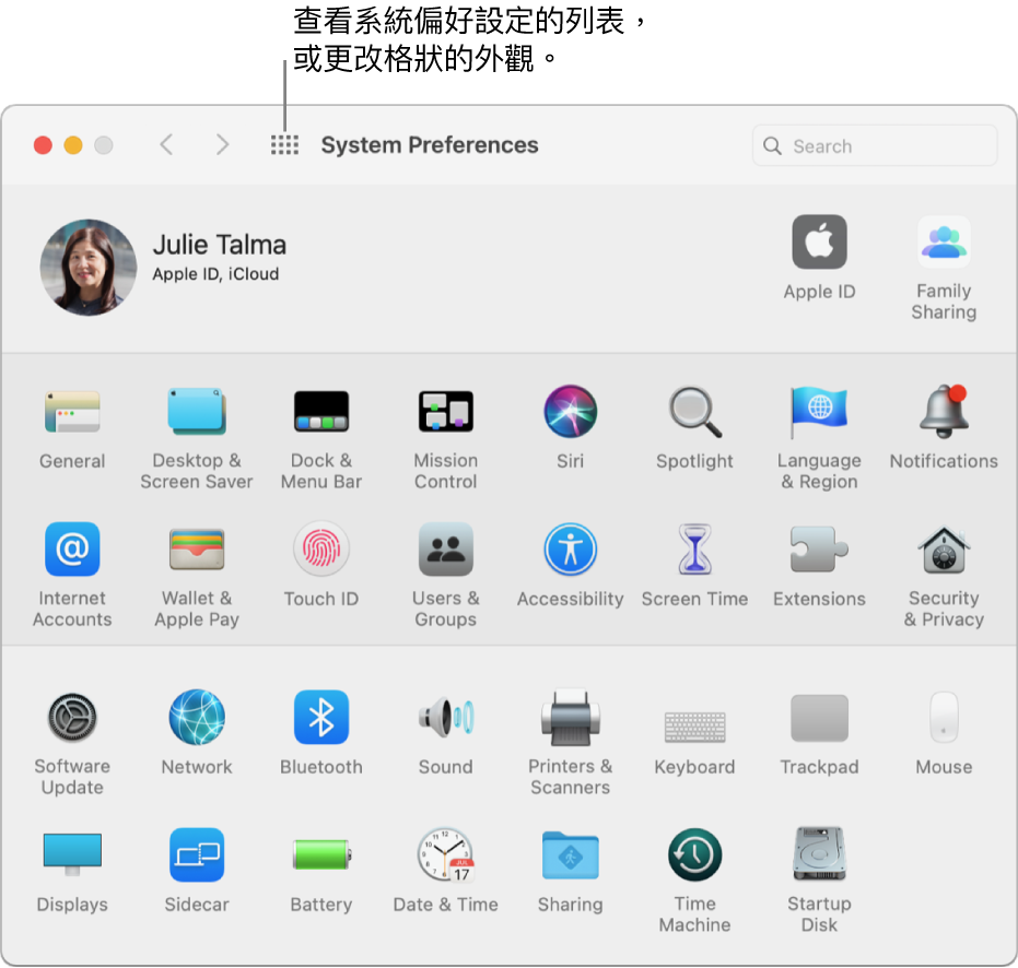 「系統偏好設定」視窗顯示依格線排列的圖像。按一下視窗工具列中的「顯示全部」按鈕來以列表查看系統偏好設定,或更改格狀的外觀。