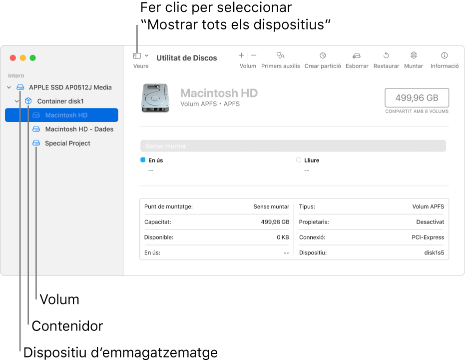 Una finestra de la Utilitat de Discos on es mostra la vista “Mostrar tots els dispositius”.