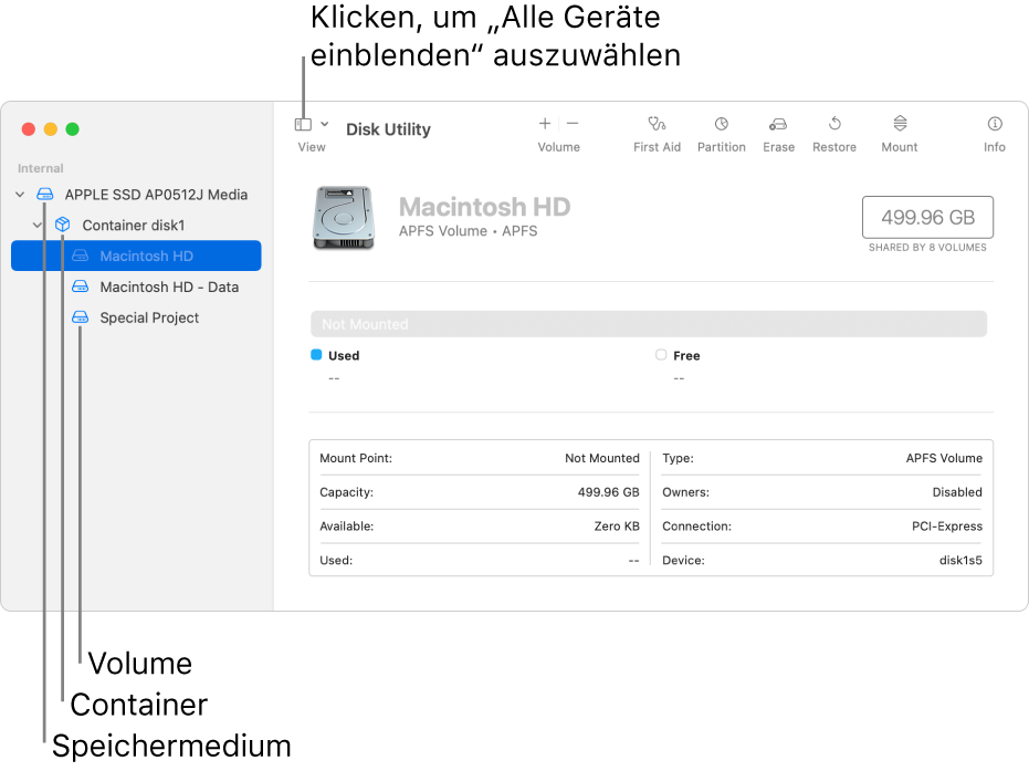 Fenster des Festplattendienstprogramms in der Darstellung „Alle Geräte einblenden“ mit drei Volumes, einem Container und einem Speichergerät.