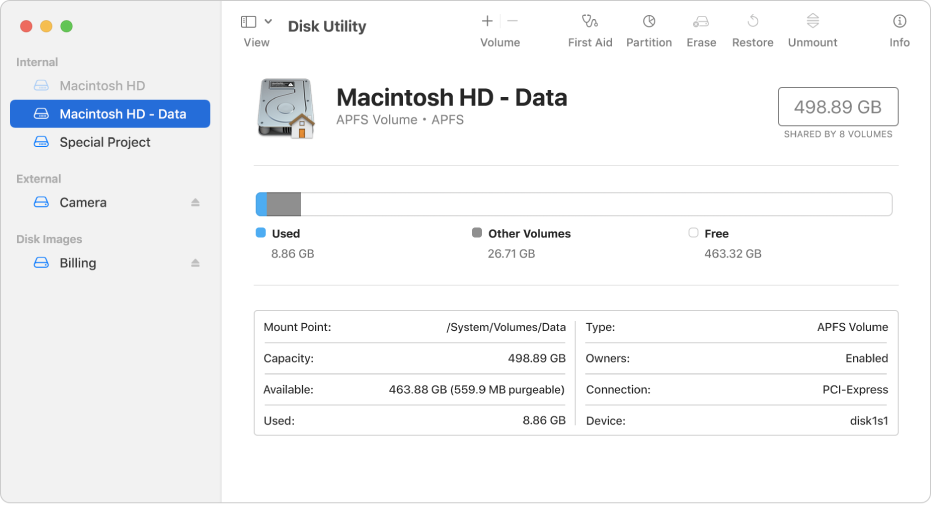 A Disk Utility window with Show Only Volumes view selected. The sidebar on the left displays three internal volumes, one external volume and one disk image volume. The pane on the right shows details about the selected volume.