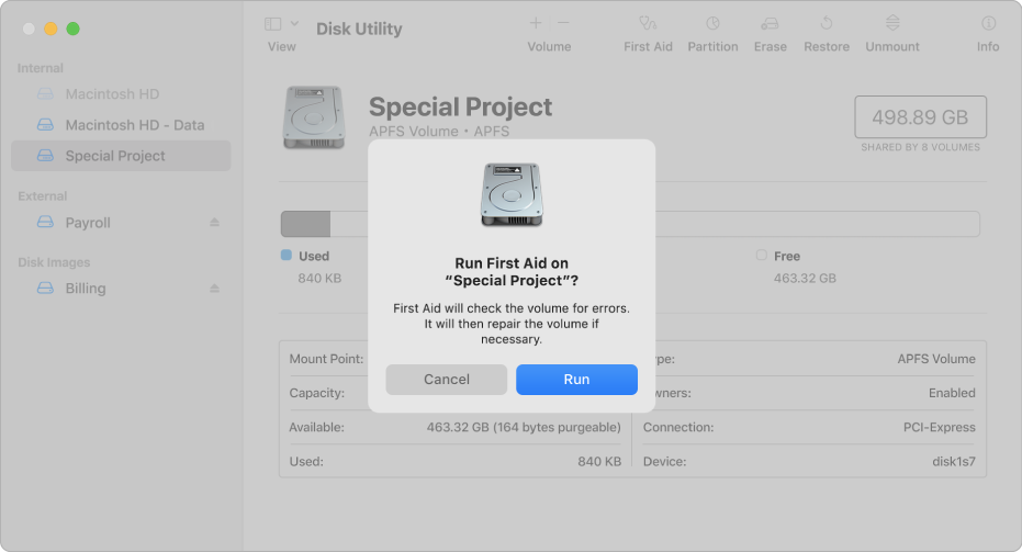 A Disk Utility window showing the First Aid confirmation dialogue.