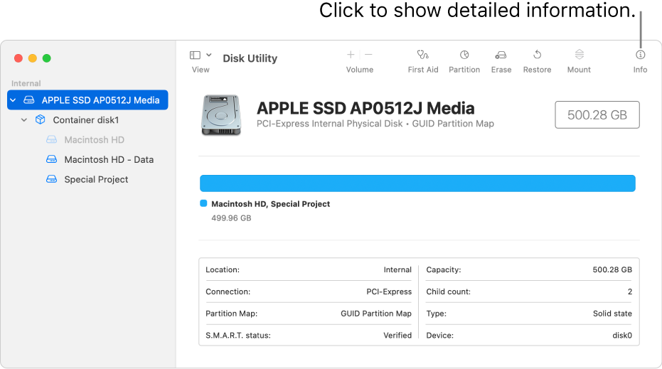 A Disk Utility window showing a storage device selected in the sidebar and information about the device displayed on the right.