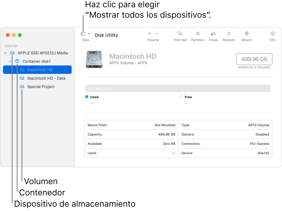 La ventana Utilidad de Discos mostrando tres volúmenes, un contenedor y un dispositivo de almacenamiento en la visualización “Mostrar todos los dispositivos”.