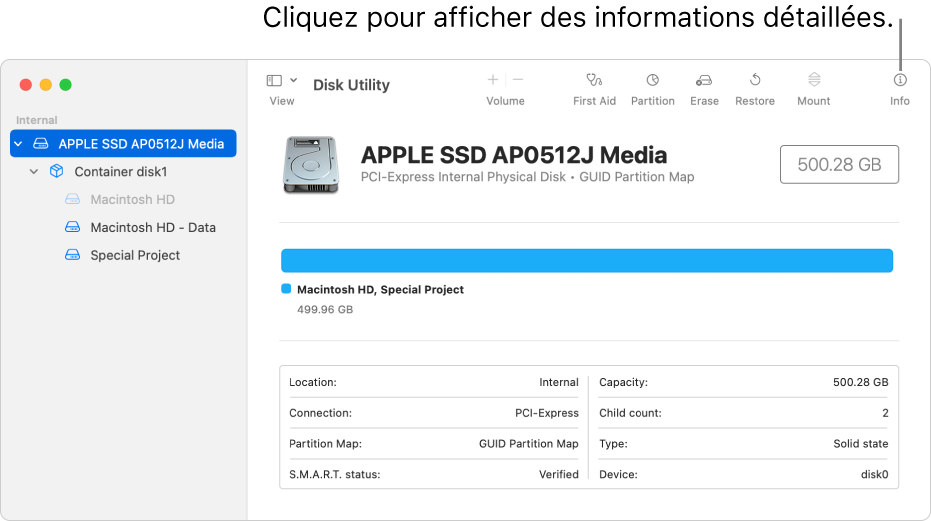 Une fenêtre Utilitaire de disque affichant un périphérique de stockage sélectionné dans la barre latérale et les informations le concernant à droite.