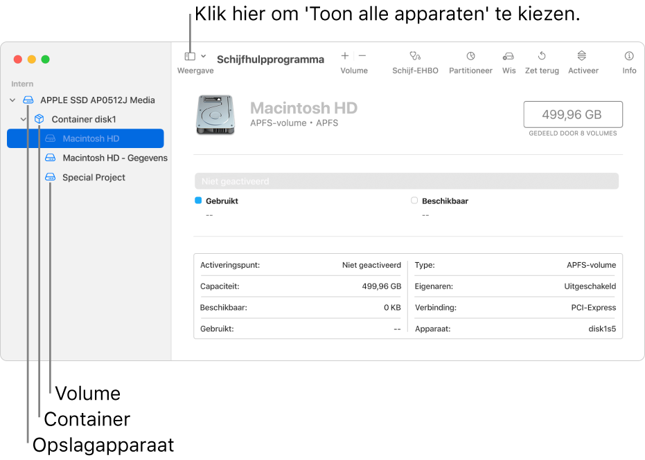 Een venster van Schijfhulpprogramma met drie volumes, een container en een opslagapparaat in de weergave 'Toon alle apparaten'.