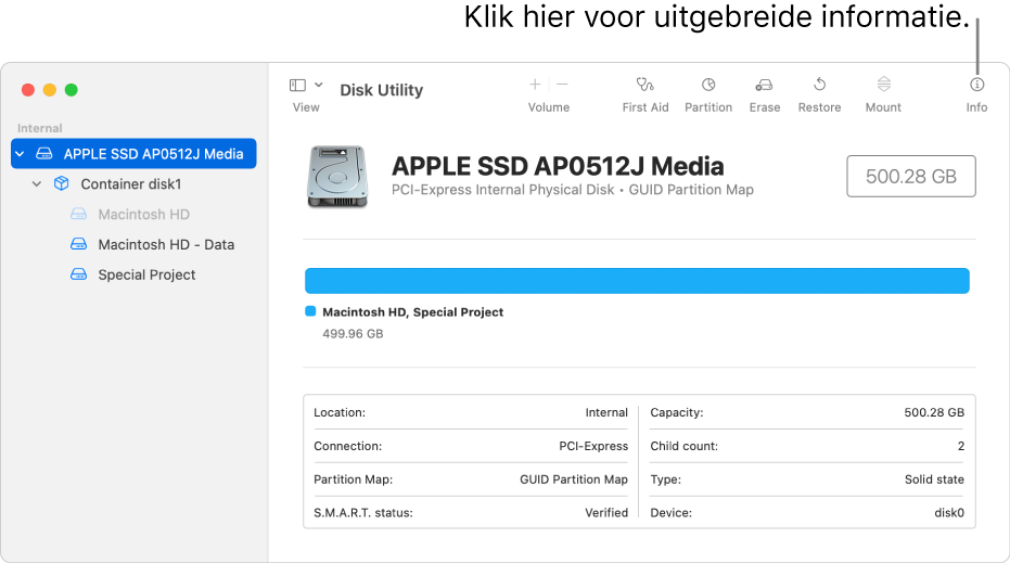 Een venster van Schijfhulpprogramma met een opslagapparaat geselecteerd in de navigatiekolom en informatie over het apparaat aan de rechterkant.