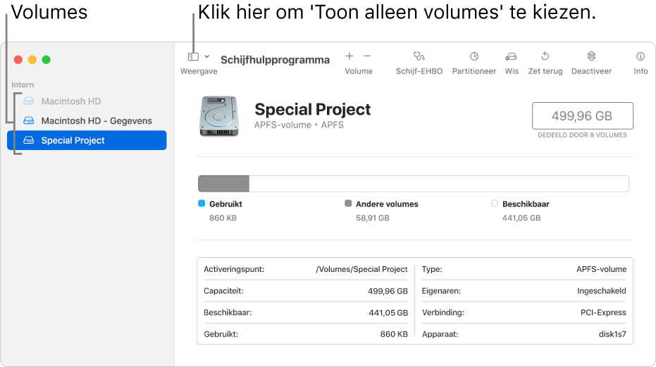Een venster van Schijfhulpprogramma in de weergave 'Toon alleen volumes'.