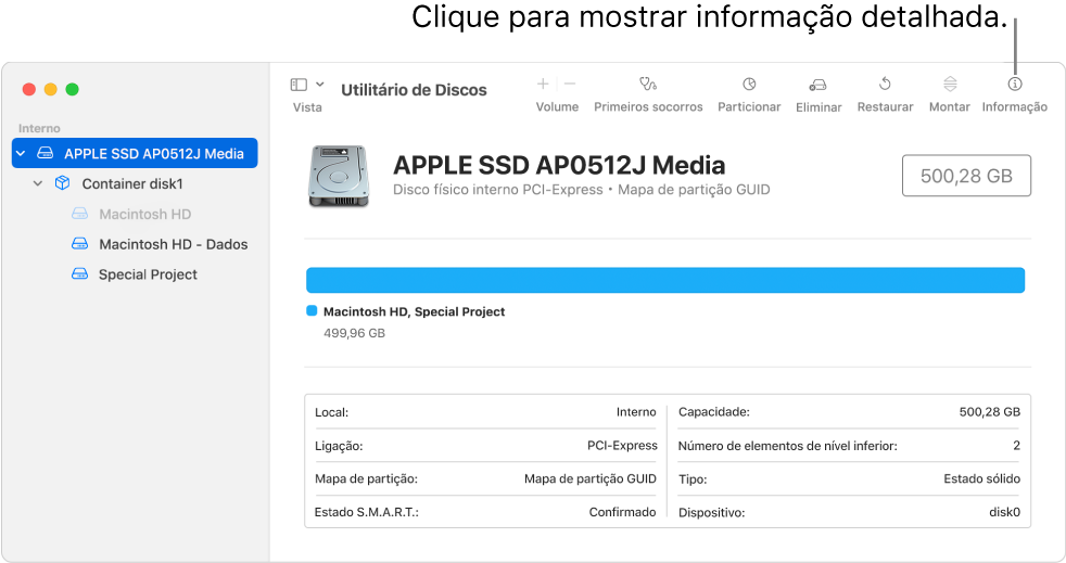 Uma janela do Utilitário de Discos a mostrar um dispositivo de armazenamento selecionado na barra lateral e informações acerca do dispositivo apresentadas à direita.