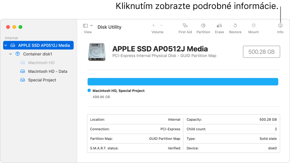 Okno Diskovej utility zobrazujúce úložné zariadenie označené v postrannom paneli a informácie o zariadení zobrazené na pravej strane.