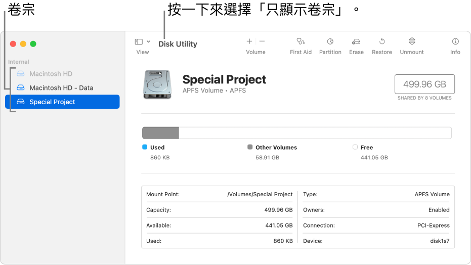 使用「只顯示卷宗」顯示方式的「磁碟工具程式」視窗。