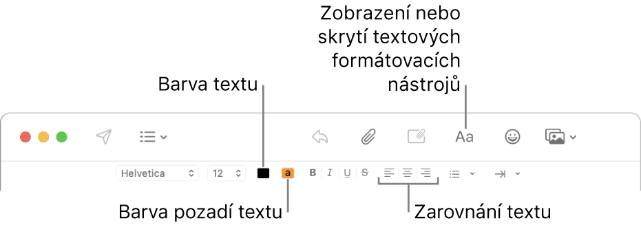 Nástrojový a formátovací panel v okně nové zprávy, v němž je vyznačena barva textu, barva pozadí textu a tlačítka pro zarovnání textu