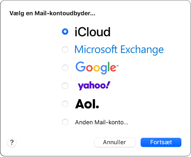 Den dialog, hvor du vælger en e-mailkontotype, med iCloud, Exchange, Google, Yahoo, AOL og Anden Mail-konto.