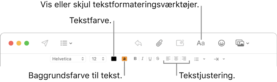 Værktøjslinjen og formateringslinjen i et vindue til en ny besked, med knapper til tekstfarve, baggrundsfarve til tekst og tekstjustering.