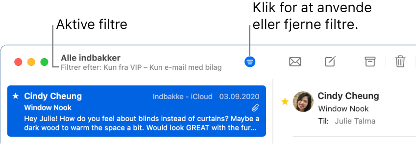 Vinduet Mail, der viser værktøjslinjen over beskedlisten, hvor Mail viser, hvilke filtre, f.eks. “Kun fra VIP,” der anvendes.