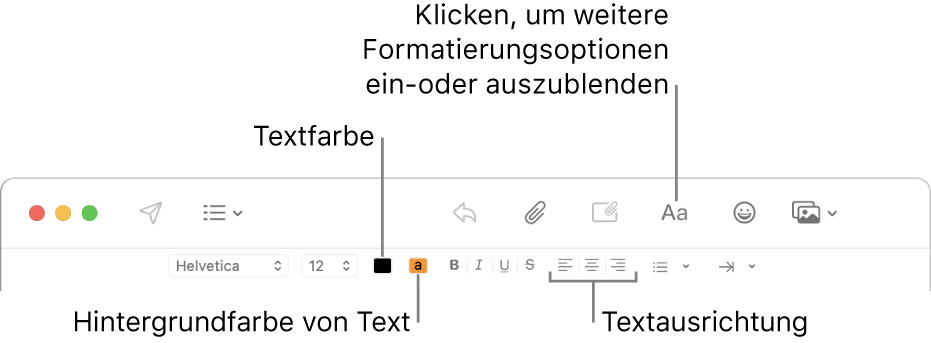 Die Symbolleiste und die Formatierleiste im Fenster für eine neue Nachricht mit den Tasten für die Textfarbe, die Hintergrundfarbe und die Textausrichtung.