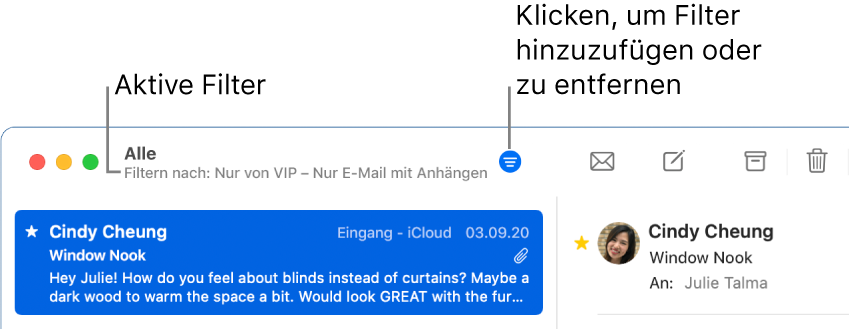 Das Fenster von Mail mit der Symbolleiste über der E-Mail-Liste, in der Mail die angewendeten Filter wie zum Beispiel „Nur von VIP“ anzeigt.