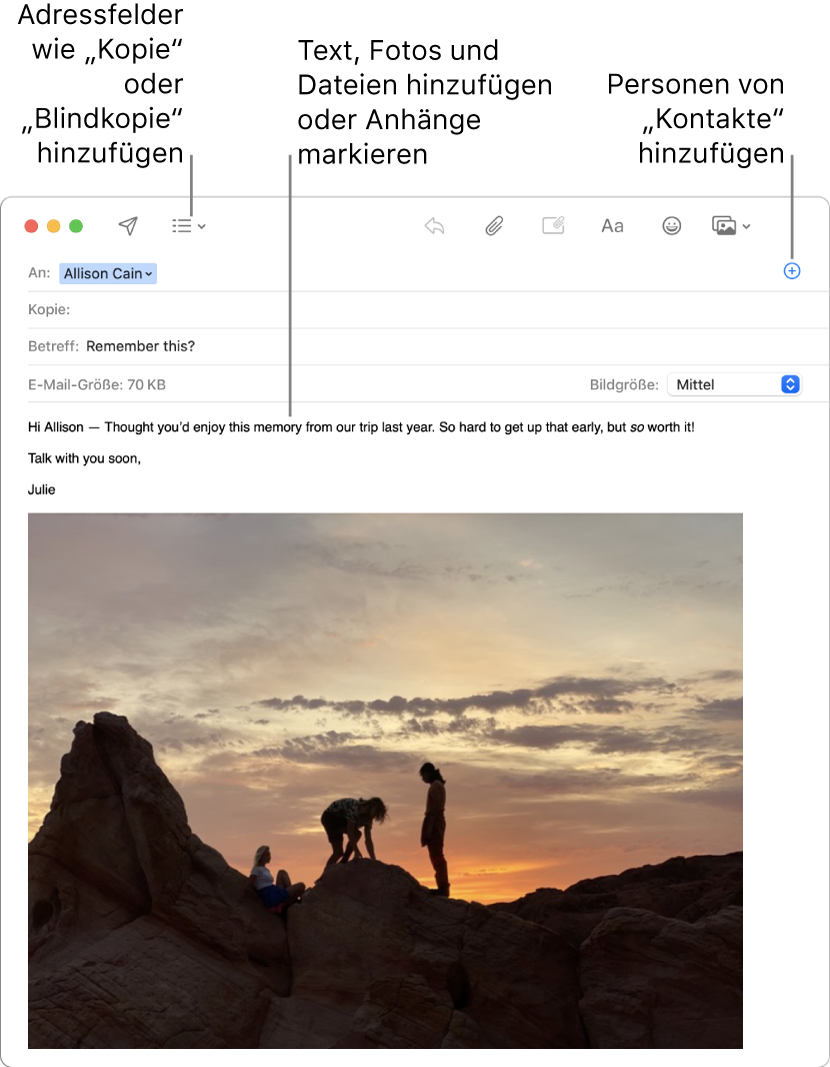 Ein Fenster für eine neue E-Mail mit Tasten für Header-Felder, der Taste „Hinzufügen“ in einem Adressfeld zum Hinzufügen von Personen aus „Kontakte“ sowie einem mit einer Anmerkung versehenden Bild im E-Mail-Text