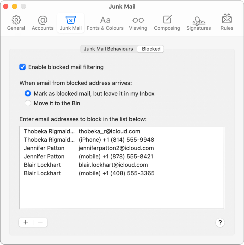 The Blocked preference pane showing a list of blocked senders. The tick box to enable blocked mail filtering is selected, as is the option to mark blocked mail but leave it in the Inbox upon arrival.