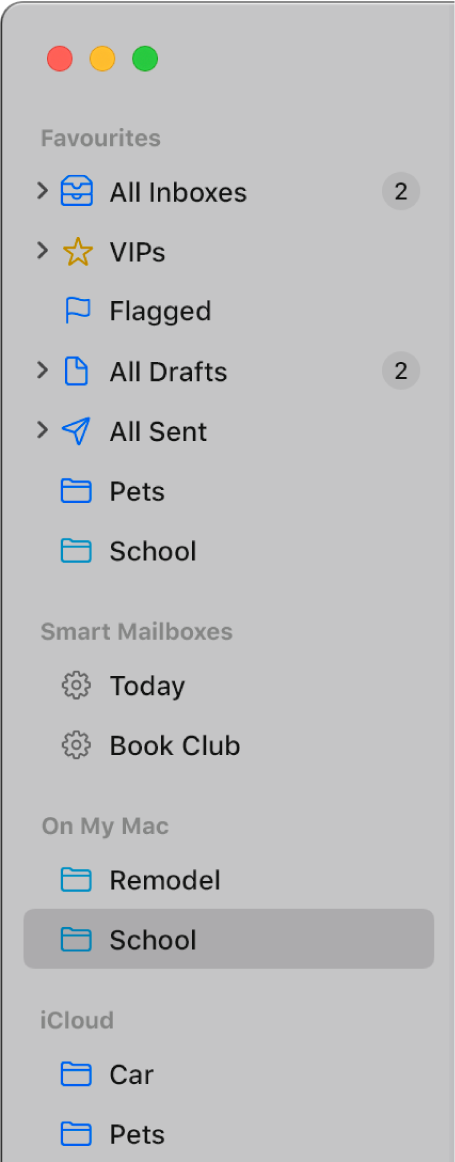 The Mail sidebar showing standard mailboxes (such as Inbox and Drafts) at the top of the sidebar and mailboxes you created in the On My Mac and iCloud sections.
