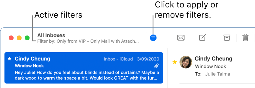 The Mail window showing the toolbar above the message list, where Mail indicates which filters, such as “Only from VIP”, are applied.