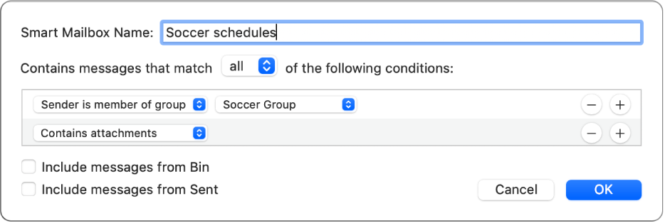 The Smart Group window showing criteria for a group named “Soccer schedules”. The group has two conditions. The first condition has two criteria, shown from left to right: “Sender is member of group” (selected in a pop-up menu) and Soccer Group (selected in a pop-up menu). The second condition has one criteria: “Contains attachments” (selected in a pop-up menu).