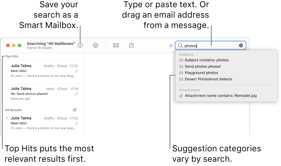 The mailbox being searched is highlighted in the search bar. To search a different mailbox, click its name. You can type or paste text into the search field, or drag an email address from a message. As you type, suggestions appear below the search field. They are organised into categories, such as Subject or Attachments, depending on your search text. Top Hits puts the most relevant results first.