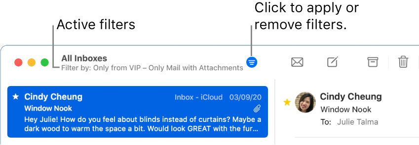The Mail window showing the toolbar above the message list, where Mail indicates which filters, such as “Only from VIP”, are applied.