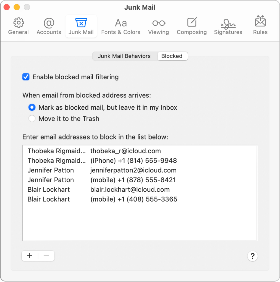The Blocked preference pane showing a list of blocked senders. The checkbox to enable blocked mail filtering is selected, as is the option to mark blocked mail but leave it in the Inbox upon arrival.