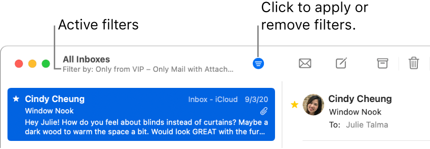 The Mail window showing the toolbar above the message list, where Mail indicates which filters, such as “Only from VIP,” are applied.