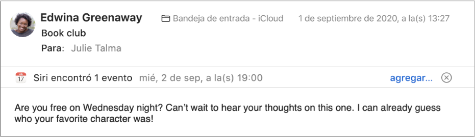 Se muestra información sobre un evento que Siri encontró en el mensaje en una tira debajo del encabezado de mensaje en el área de vista previa. En el extremo derecho se encuentra un enlace para agregar el evento a Calendario.