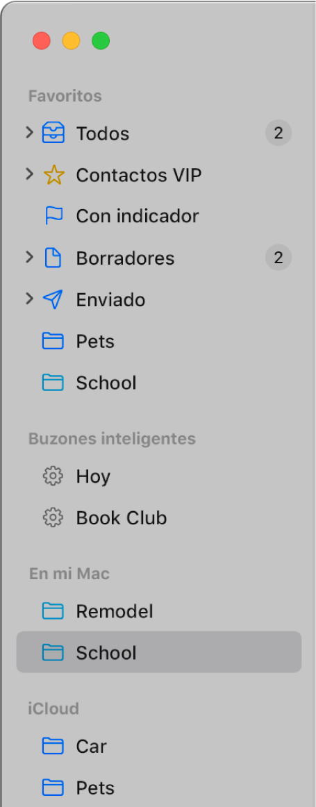 La barra lateral de Mail mostrando los buzones estándar (como Entrada y Borradores) en la parte superior de la barra lateral, y los buzones creados en las secciones "En mi Mac" y iCloud.