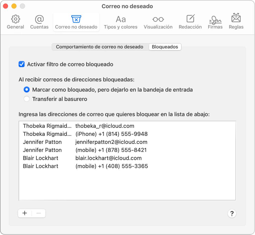 El panel de preferencias Bloqueados mostrando una lista de remitentes bloqueados. La casilla para activar el filtro de correo bloqueado está seleccionada, al igual que la opción para marcar el correo bloqueado pero dejarlo en la bandeja de entrada al recibirlo.