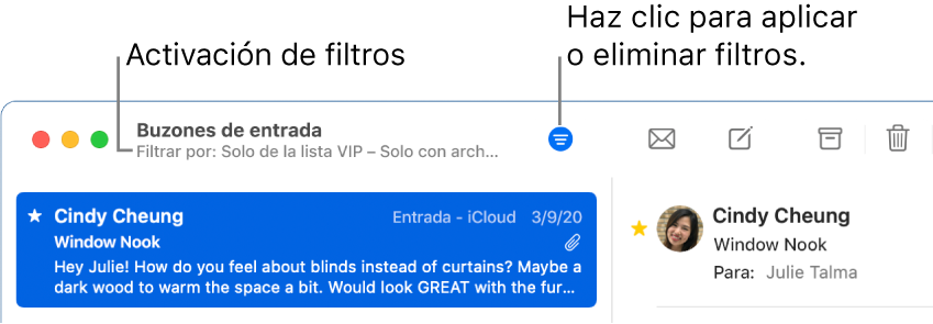La ventana de Mail con la barra de herramientas sobre la lista de mensajes, donde Mail indica qué filtros, como “Solo de la lista VIP”, se están aplicando.