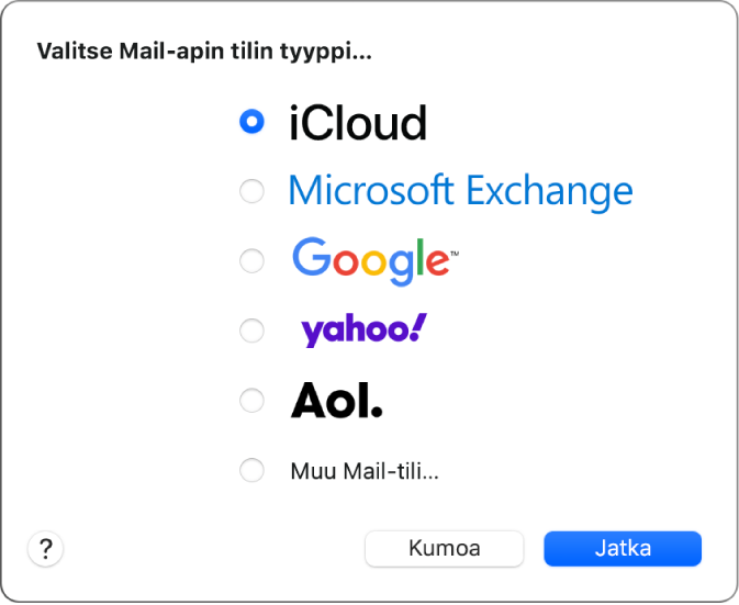 Valintaikkuna, jossa valitaan sähköpostitilin tyyppi. Näkyvissä ovat vaihtoehdot iCloud, Exchange, Google, Yahoo, AOL ja Muu Mail-tili.